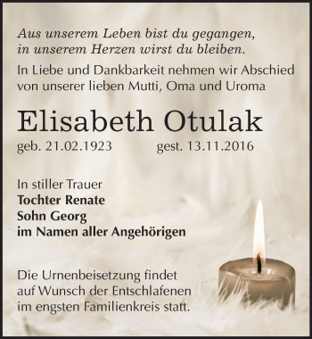 Traueranzeige von Elisabeth Otulak von Mitteldeutsche Zeitung Bitterfeld