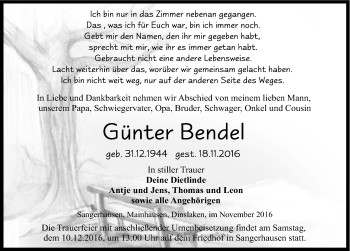 Traueranzeige von Günter Bendel von Mitteldeutsche Zeitung Sangerhausen