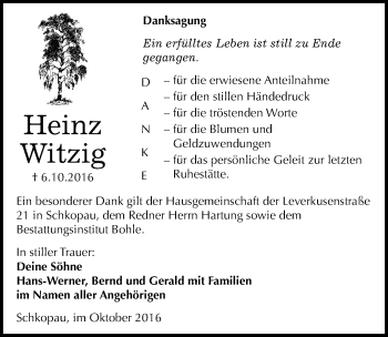 Traueranzeige von Heinz Witzig von Mitteldeutsche Zeitung Merseburg/Querfurt