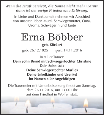 Traueranzeige von Erna Böbber von WVG - Wochenspiegel Bitterfeld