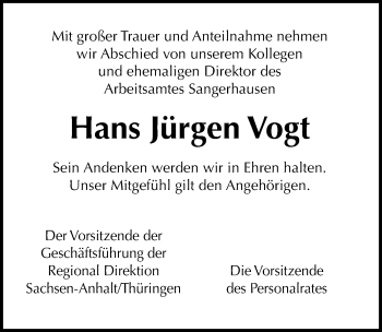Traueranzeige von Hans Jürgen Vogt von Mitteldeutsche Zeitung Sangerhausen