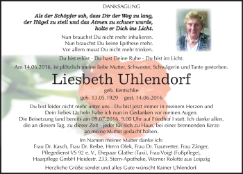 Traueranzeige von Liesbeth Uhlendorf von Mitteldeutsche Zeitung Dessau-Roßlau