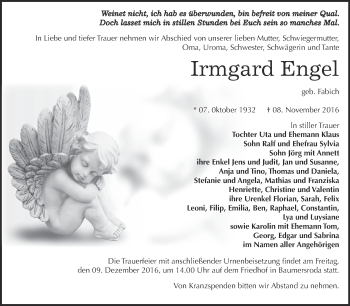 Traueranzeige von Irmgard Engel von WVG - Wochenspiegel NMB / WSF / ZTZ