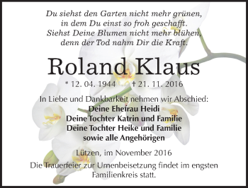 Traueranzeige von Roland Klaus von Mitteldeutsche Zeitung Weißenfels