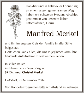 Traueranzeige von Manfred Merkel von Wochenspiegel Mansfelder Land