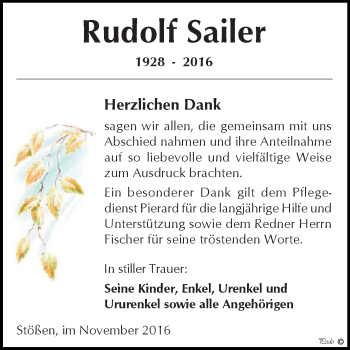 Traueranzeige von Rudolf Sailer von WVG - Wochenspiegel NMB / WSF / ZTZ