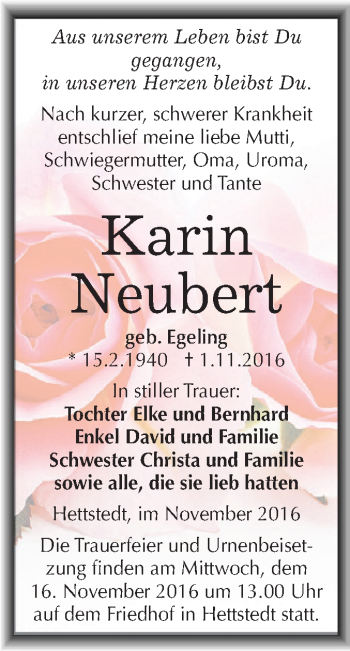 Traueranzeige von Karin Neubert von Wochenspiegel Mansfelder Land