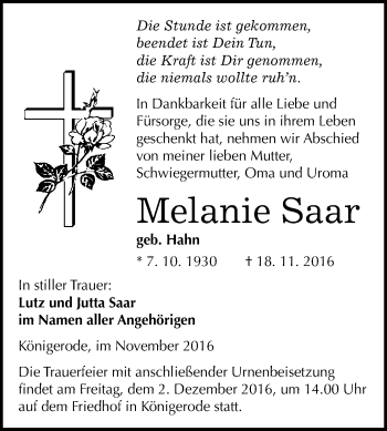 Traueranzeige von Melanie Saar von WVG - Wochenspiegel Quedlinburg
