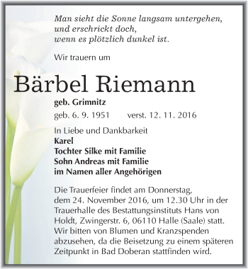 Traueranzeige von Bärbel Riemann von Mitteldeutsche Zeitung Halle/Saalkreis