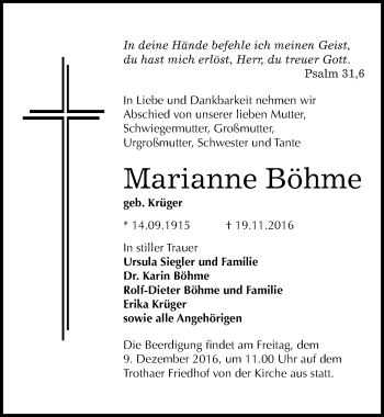Traueranzeige von Marianne Böhme von Mitteldeutsche Zeitung Halle/Saalkreis