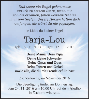 Traueranzeige von Tarja-Lou  von WVG - Wochenspiegel Wittenberg