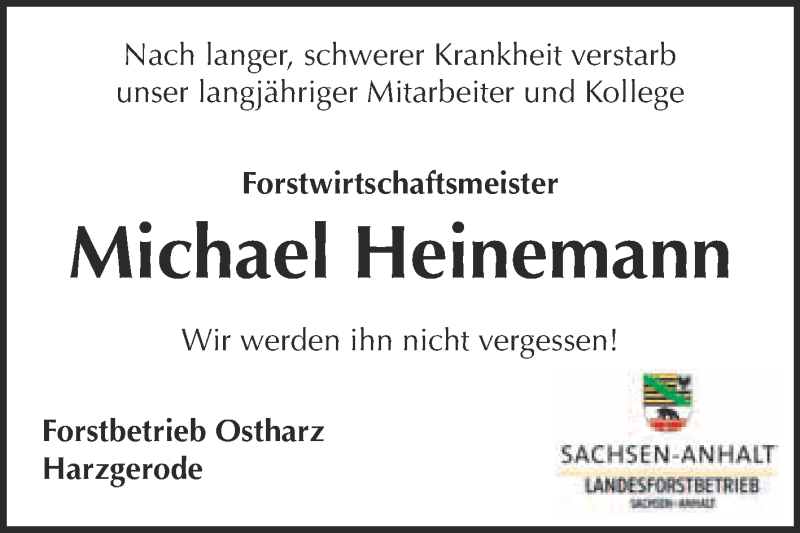  Traueranzeige für Michael Heinemann vom 26.11.2016 aus Super Sonntag Quedlinburg