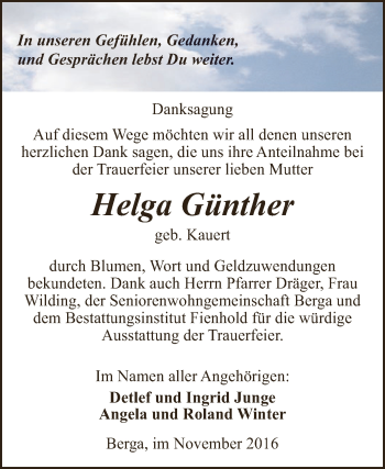 Traueranzeige von Helga Günther von Super Sonntag SGH Mansf. Land
