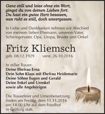 Traueranzeige von Fritz Kliemsch von Mitteldeutsche Zeitung Köthen