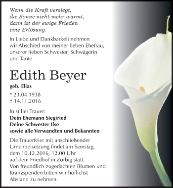 Traueranzeige von Edith Beyer von Mitteldeutsche Zeitung Bitterfeld