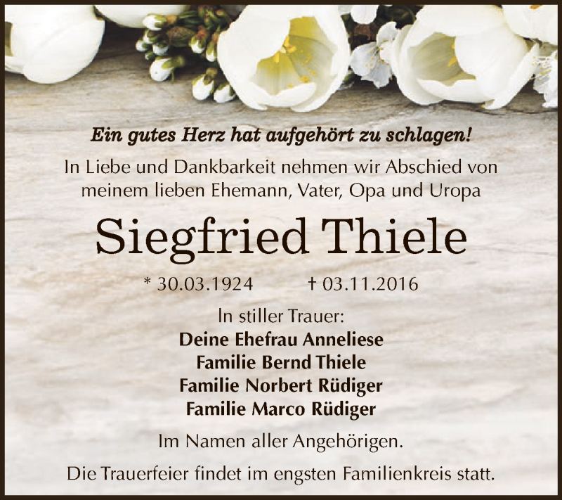  Traueranzeige für Siegfried Thiele vom 12.11.2016 aus WVG - Wochenspiegel Dessau / Köthen