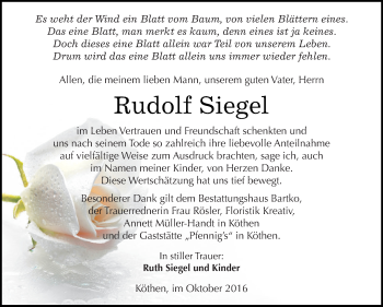Traueranzeige von Rudolf Siegel von WVG - Wochenspiegel Dessau / Köthen