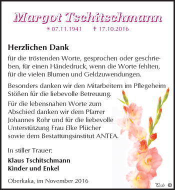 Traueranzeige von Margot Tschitschmann von Mitteldeutsche Zeitung Zeitz