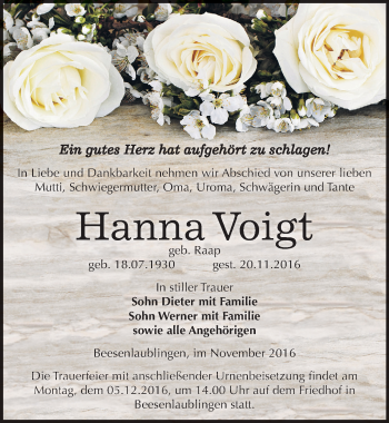 Traueranzeige von Hanna Voigt von Mitteldeutsche Zeitung Bernburg