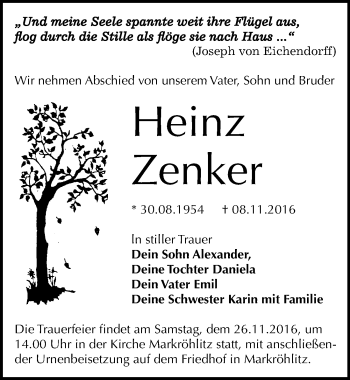 Traueranzeige von Heinz Zenker von Mitteldeutsche Zeitung Weißenfels