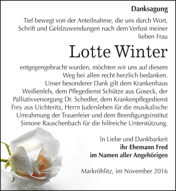 Traueranzeige von Lotte Winter von Mitteldeutsche Zeitung Weißenfels