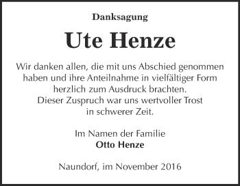 Traueranzeige von Ute Henze von WVG - Wochenspiegel Wittenberg