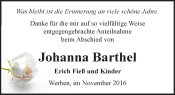 Traueranzeige von Johanna Barthel von Mitteldeutsche Zeitung Bitterfeld