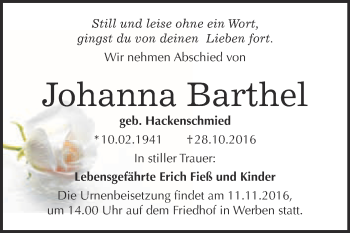 Traueranzeige von Johanna Barthel von WVG - Wochenspiegel Bitterfeld