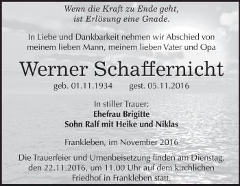 Traueranzeige von Werner Schaffernicht von WVG - Wochenspiegel Merseburg
