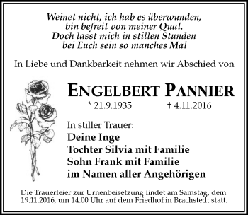 Traueranzeige von Engelbert  Pannier von Mitteldeutsche Zeitung Halle/Saalkreis