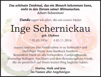 Traueranzeige von Inge Schernickau von Mitteldeutsche Zeitung Dessau-Roßlau