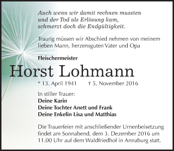 Traueranzeige von Horst Lohmann von Mitteldeutsche Zeitung Wittenberg