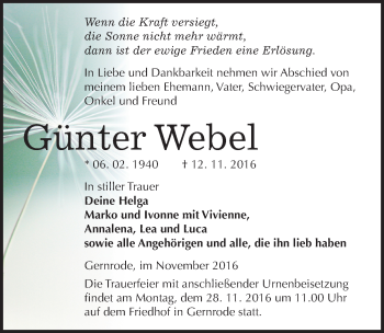 Traueranzeige von Günter Webel von Mitteldeutsche Zeitung Quedlinburg