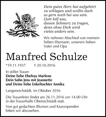 Traueranzeige von Manfred Schulze von WVG - Wochenspiegel Merseburg