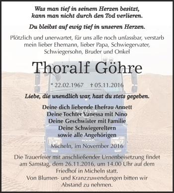 Traueranzeige von Thoralf Göhre von WVG - Wochenspiegel Dessau / Köthen