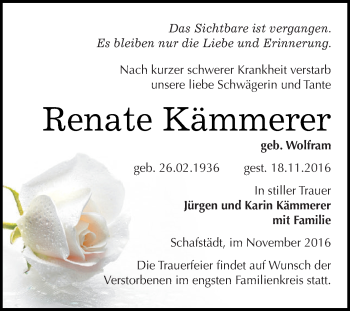 Traueranzeige von Renate Kämmerer von Super Sonntag SGH Mansf. Land