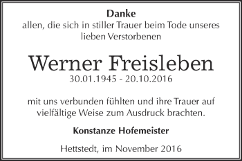 Traueranzeige von Werner Freisleben von Super Sonntag Aschersleben