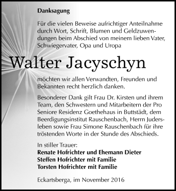 Traueranzeige von Walter Jacyschyn von Mitteldeutsche Zeitung Naumburg/Nebra