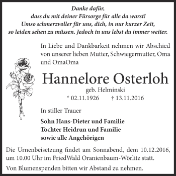Traueranzeige von Hannelore Osterloh von WVG - Wochenspiegel Dessau / Köthen