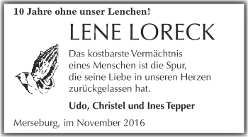 Traueranzeige von Lene Loreck von Super Sonntag Merseburg