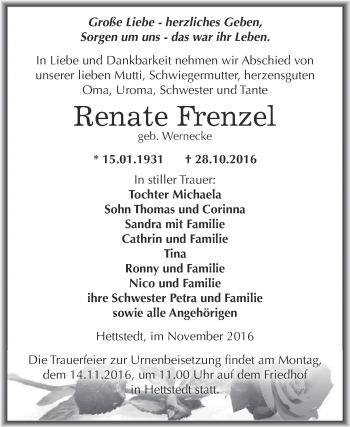 Traueranzeige von Renate Frenzel von Wochenspiegel Mansfelder Land