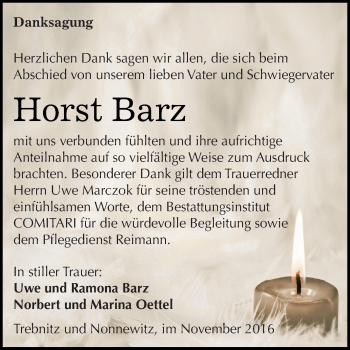 Traueranzeige von Horst Barz von WVG - Wochenspiegel NMB / WSF / ZTZ