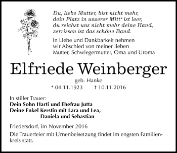 Traueranzeige von Elfriede Weinberger von Mitteldeutsche Zeitung Bitterfeld
