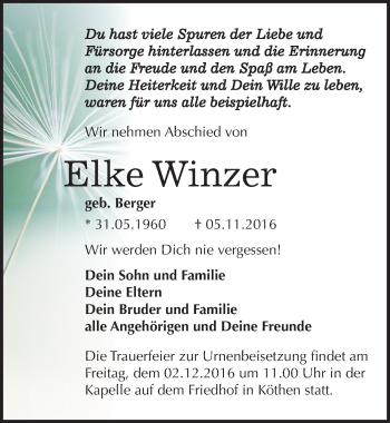Traueranzeige von Elke Winzer von Mitteldeutsche Zeitung Köthen