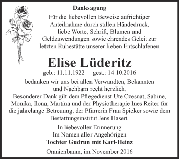 Traueranzeige von Elise Lüderitz von Super Sonntag Wittenberg