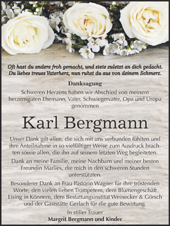 Traueranzeige von Karl Bergmann von Super Sonntag Bernburg