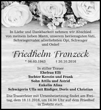 Traueranzeige von Friedhelm Fronzeck von Mitteldeutsche Zeitung Bernburg