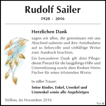 Traueranzeige von Rudolf Sailer von WVG - Wochenspiegel NMB / WSF / ZTZ