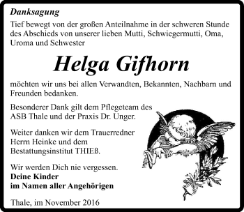 Traueranzeige von Helga Gifhorn von Mitteldeutsche Zeitung Quedlinburg