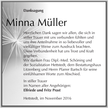 Traueranzeige von Minna Müller von Wochenspiegel Mansfelder Land
